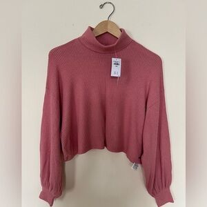 Hollister Womens Oversized Peach Waffle Turtle‎ Neck Balloon Sleeves Crop Top S